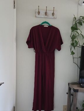 Wine Red V-Neck Wide Leg Jumpsuit